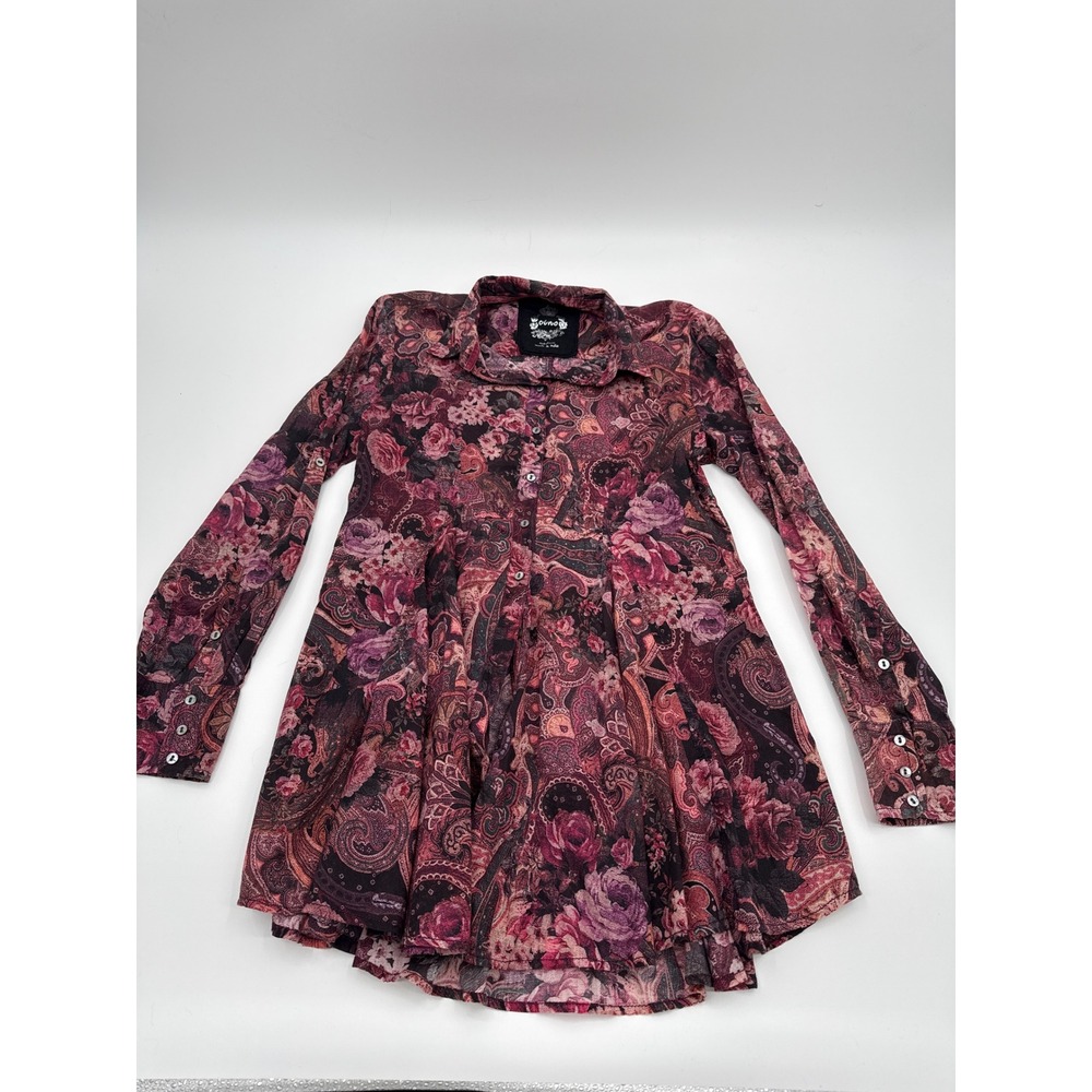 Cino Womens Medium Pink Purple Paisley Floral Crinkle Button Down Tunic Blouse - Picture 6 of 11